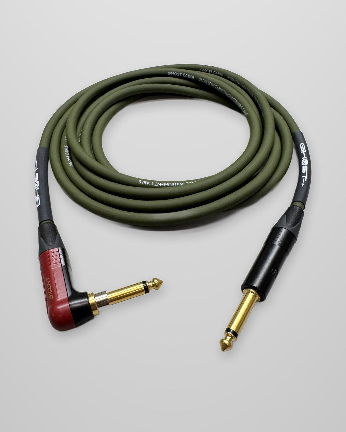 Ghost instrument cable with a red silent right-angle plug and a straight plug