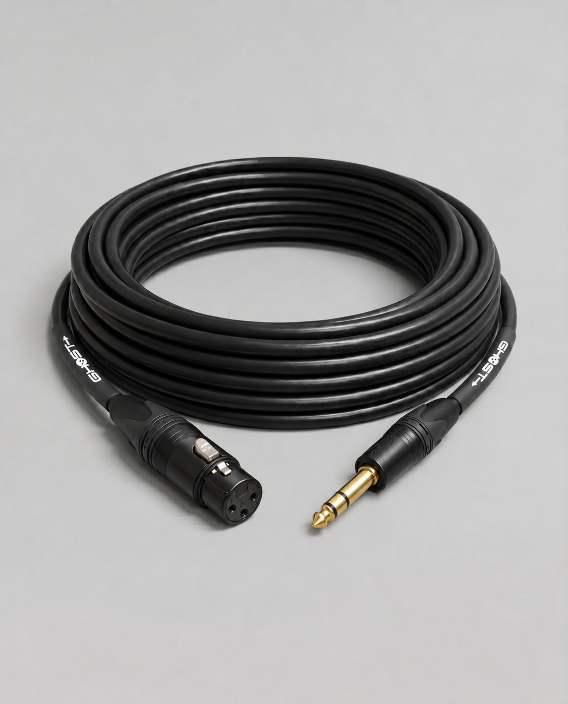 Ghost analog cable, XLR female to 1/4 inch TRS, black jacket, coiled