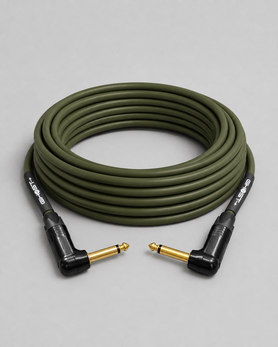 Ghost instrument cable with right-angle plugs on both ends, green jacket, coiled