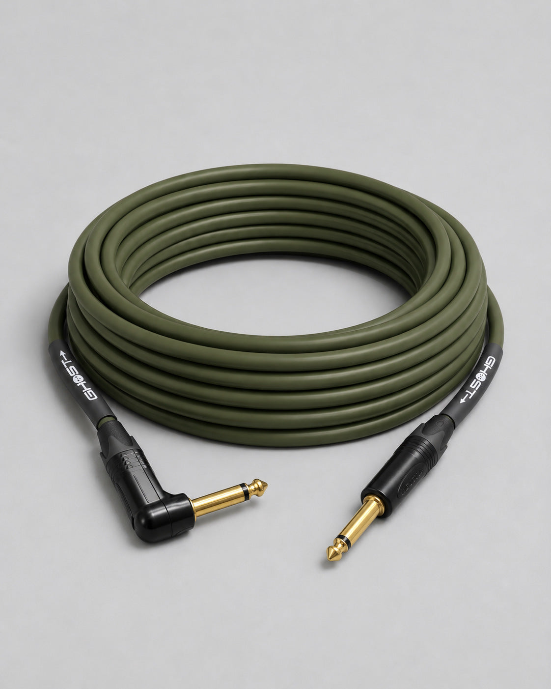Ghost instrument cable, right-angle plug to straight plug, green jacket, coiled