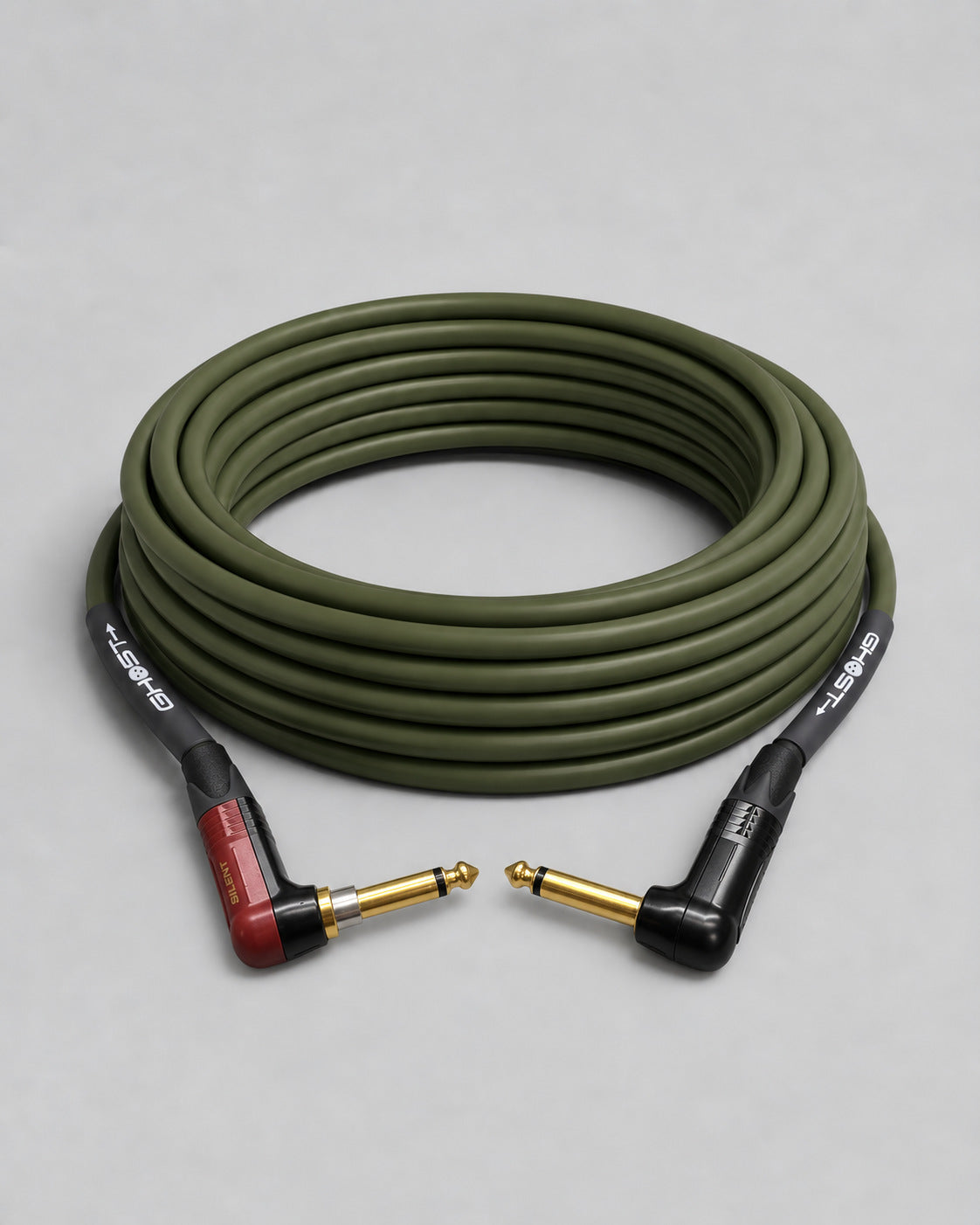Ghost instrument cable, red Neutrik silent right-angle plug to right-angle plug, green jacket, coiled