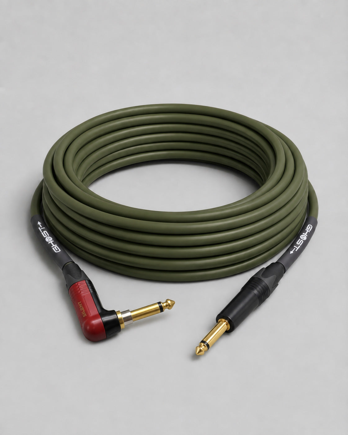Ghost instrument cable, red Neutrik silent right-angle plug to straight plug, green jacket, coiled