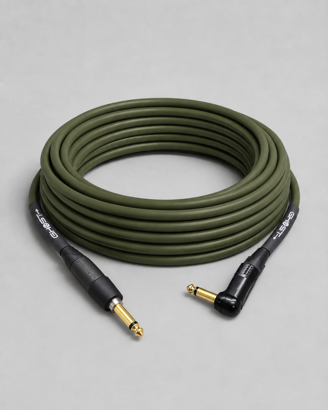 Ghost instrument cable, Neutrik silent plug to right-angle plug, green jacket, coiled